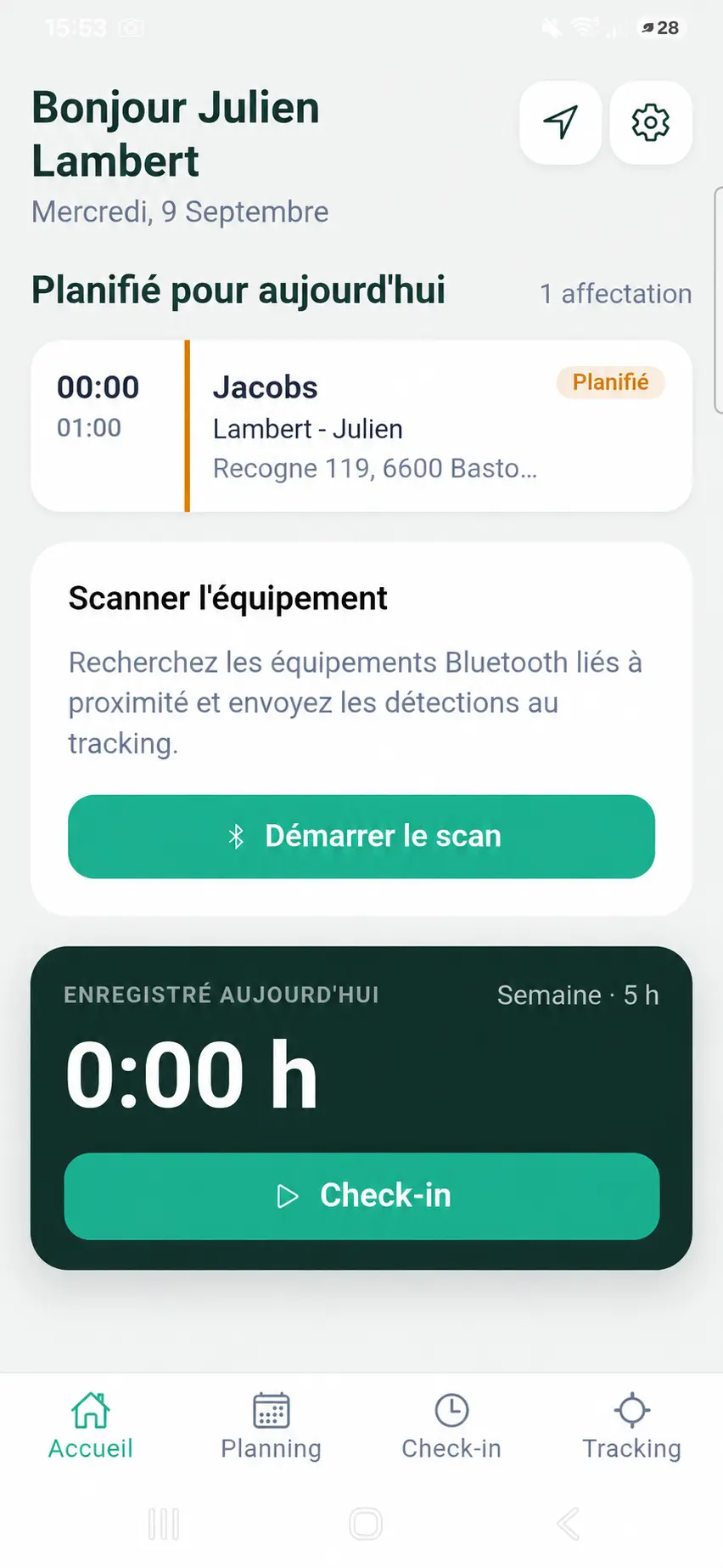 Startbildschirm der Hit-Online-App: Baustelle des Tages und Check-in-Button